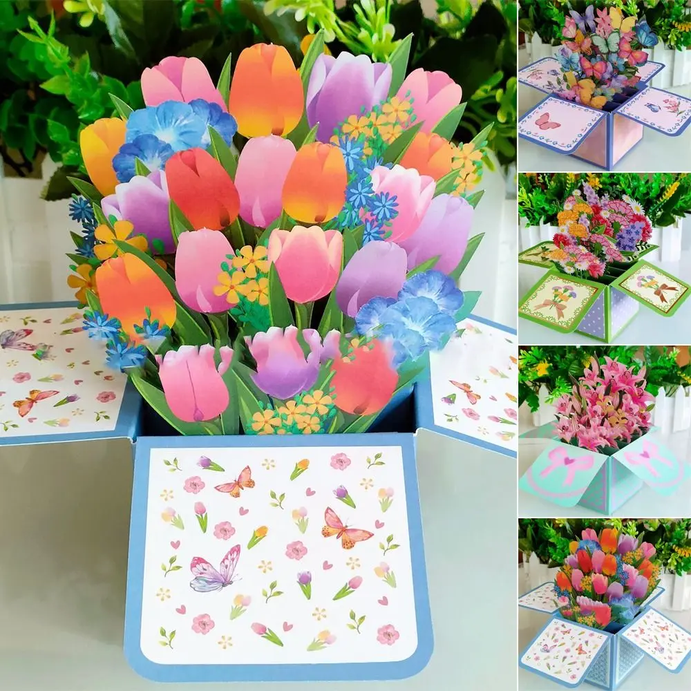 Day Greeting Card for Birthday Tropical Bloom Paper Flowers Daisy/Carnation 3D Pops-up Bouquet Rose/Lily/Sunflower/Tulip