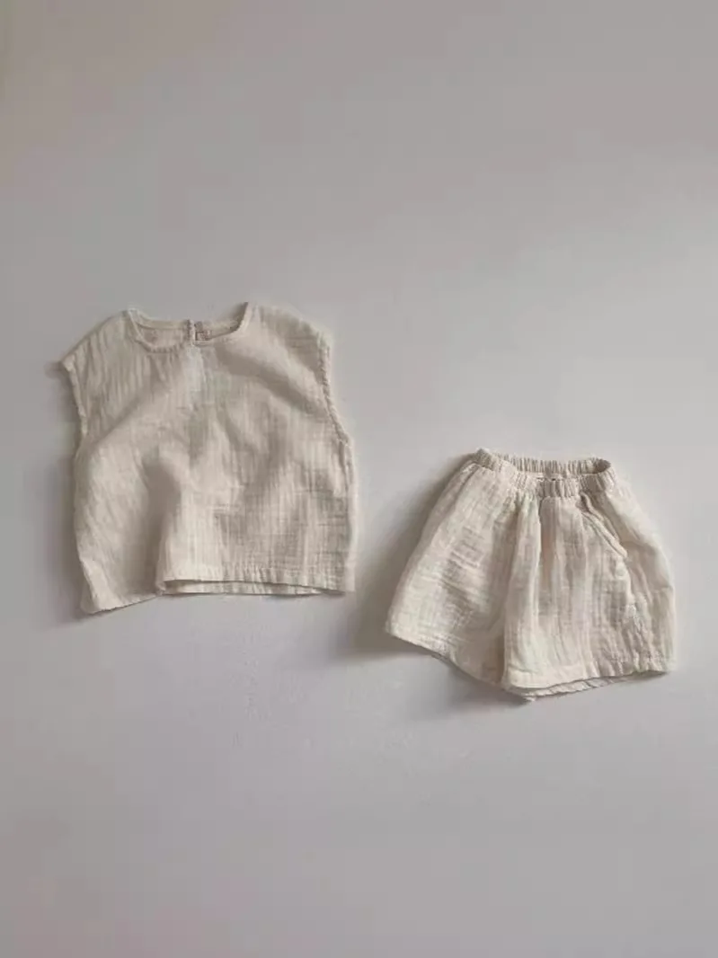 2025 Summer New Baby Sleeveless Clothes Set Infant Boy Girl Solid Breathable Vest + Shorts 2pcs Suit Toddler Versatile Outfits 3