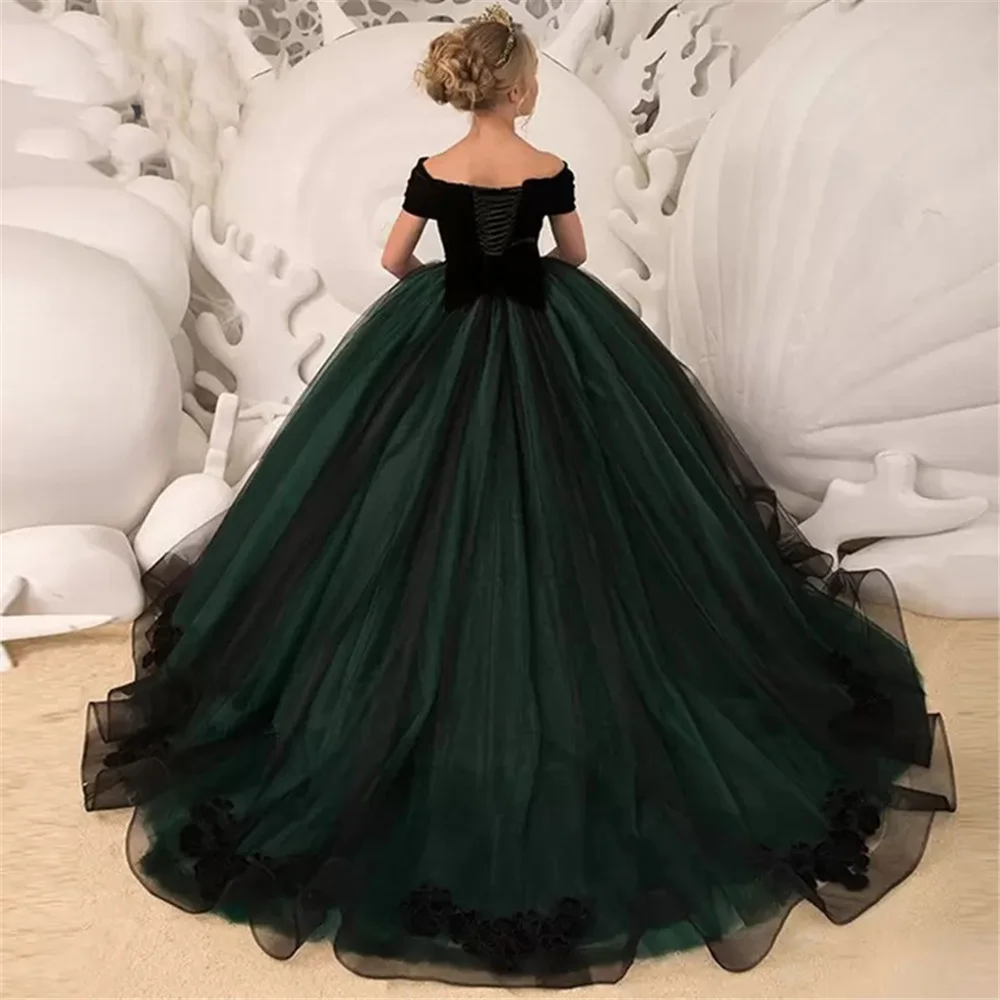 

Elegant Dark Green Flower Girl Dresses Wedding Ruffles Tulle Bow Fleeciness 2023 Customize Pageant Gowns Communion Dresses