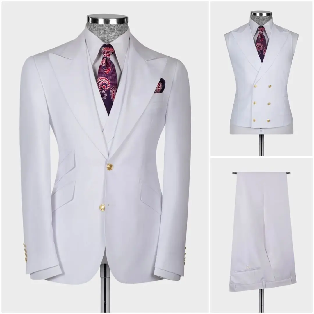Dark Blue Men's Suit Coat Pants Vest 3Pcs Set Man Suits Slim Fit Outfit Blazer Trousers Wedding Clothing New Year Business Wear