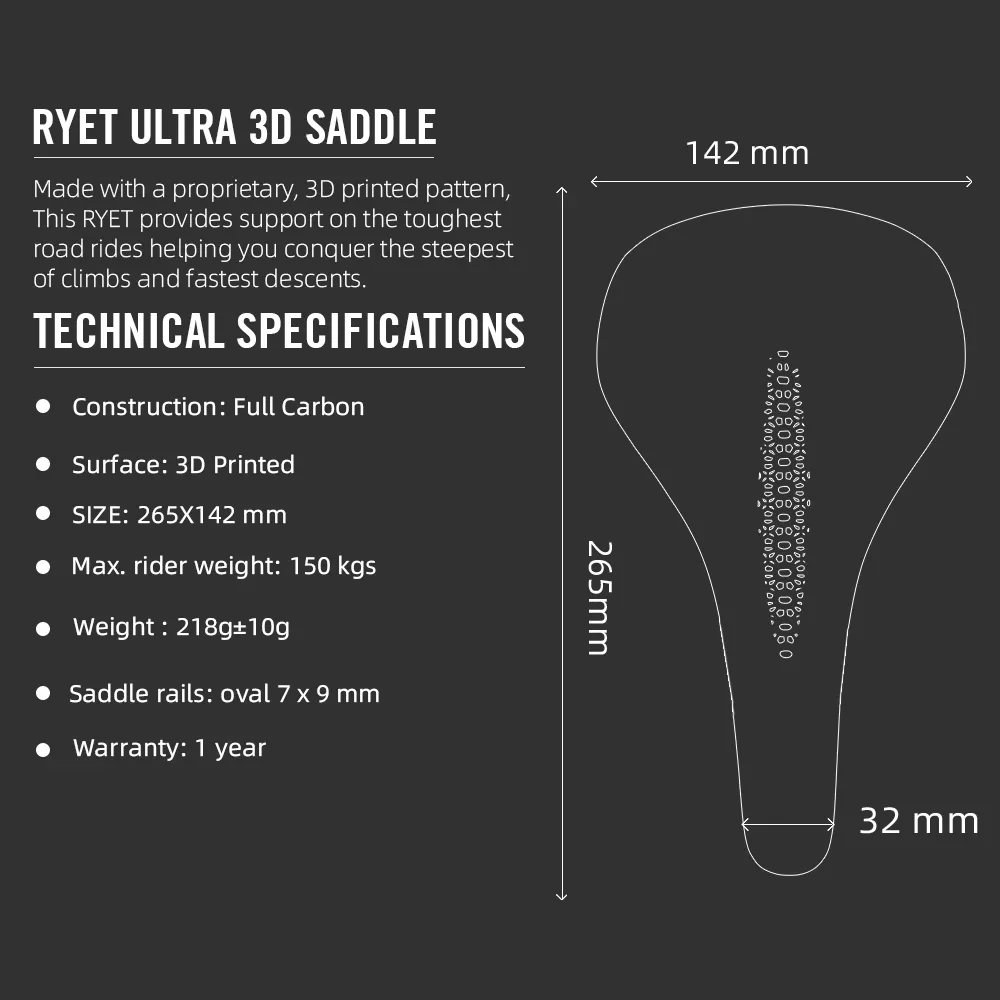 RYET Full Carbon 3D Printed Bike Saddle 265mm*142 Bicycle Seat MTB Gravel Road Wide Seating 7*9mm Cycling Cushion Parts
