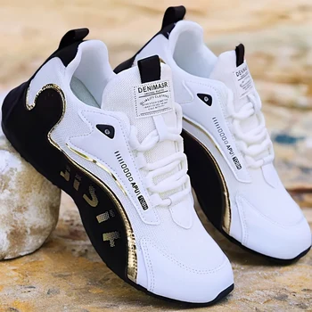 Trendy Black and Gold Color-Blocking Mesh Casual Shoes, Men's Breathable Shock-Absorbing Thick-Soled Sneakers, Versatile Soft-Soled Non-Slip Men's Shoes for Daily Commuting 1