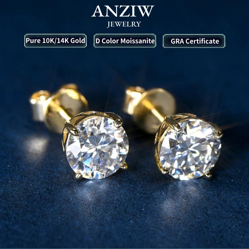 

Anziw Pure 10K 14K Gold Stud Earrings D0.80CT Moissanite Piercing Earrings for Women Men GRA Certified Jewelry Classic Four Claw