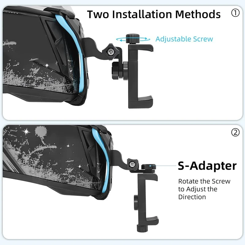 Image illustrating two installation methods for a device with an adjustable screw. The top image demonstrates the standard method, while the bottom image features the use of an S-Adapter for directional adjustment, making it ideal for securing the Helmet Camera Holder to capture POV shots.