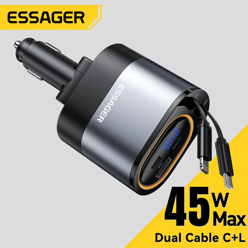 Essager 45W 4 IN 1 Car Charger LED USB Type C Retractable Cable For IPhone 16 Samsung Fast Charge Cord Cigarette Lighter Adapter