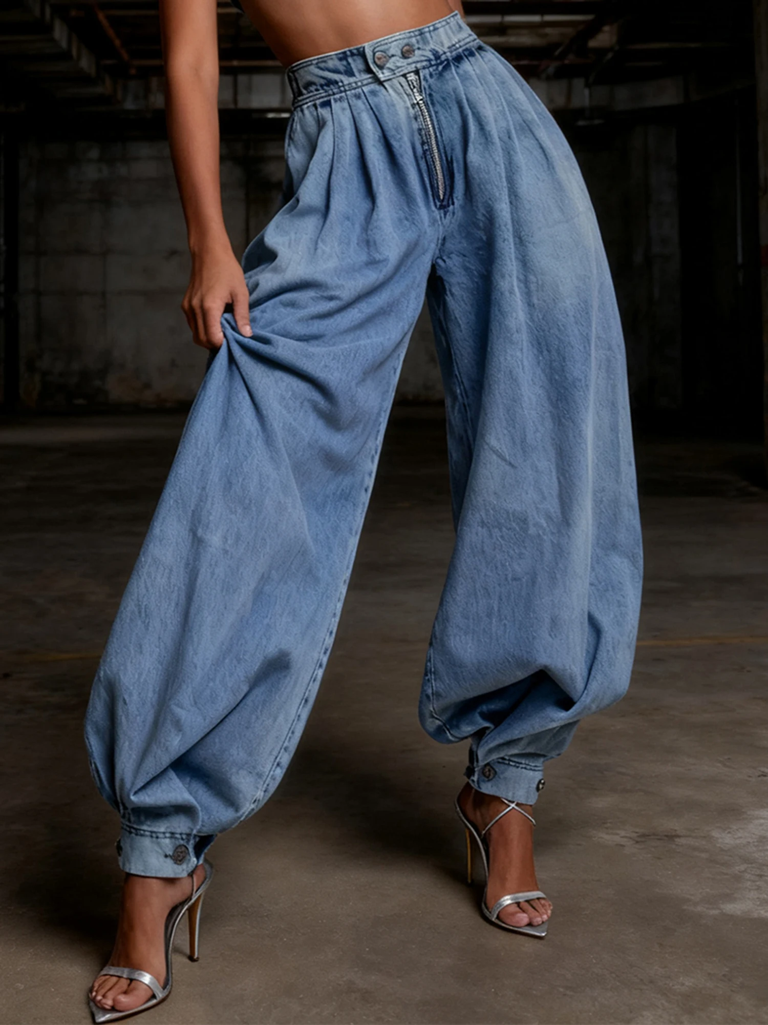 Women s High Waist Wide Leg Denim Jeans with Pockets and Belt Loops - Casual Baggy Harem Pants in Solid Color