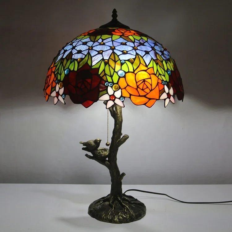 

LongHuiJing Tiffany Style Stained Glass Lampshade Desk Lamps Rose Pattern Table Lamps With Antique Resin Base