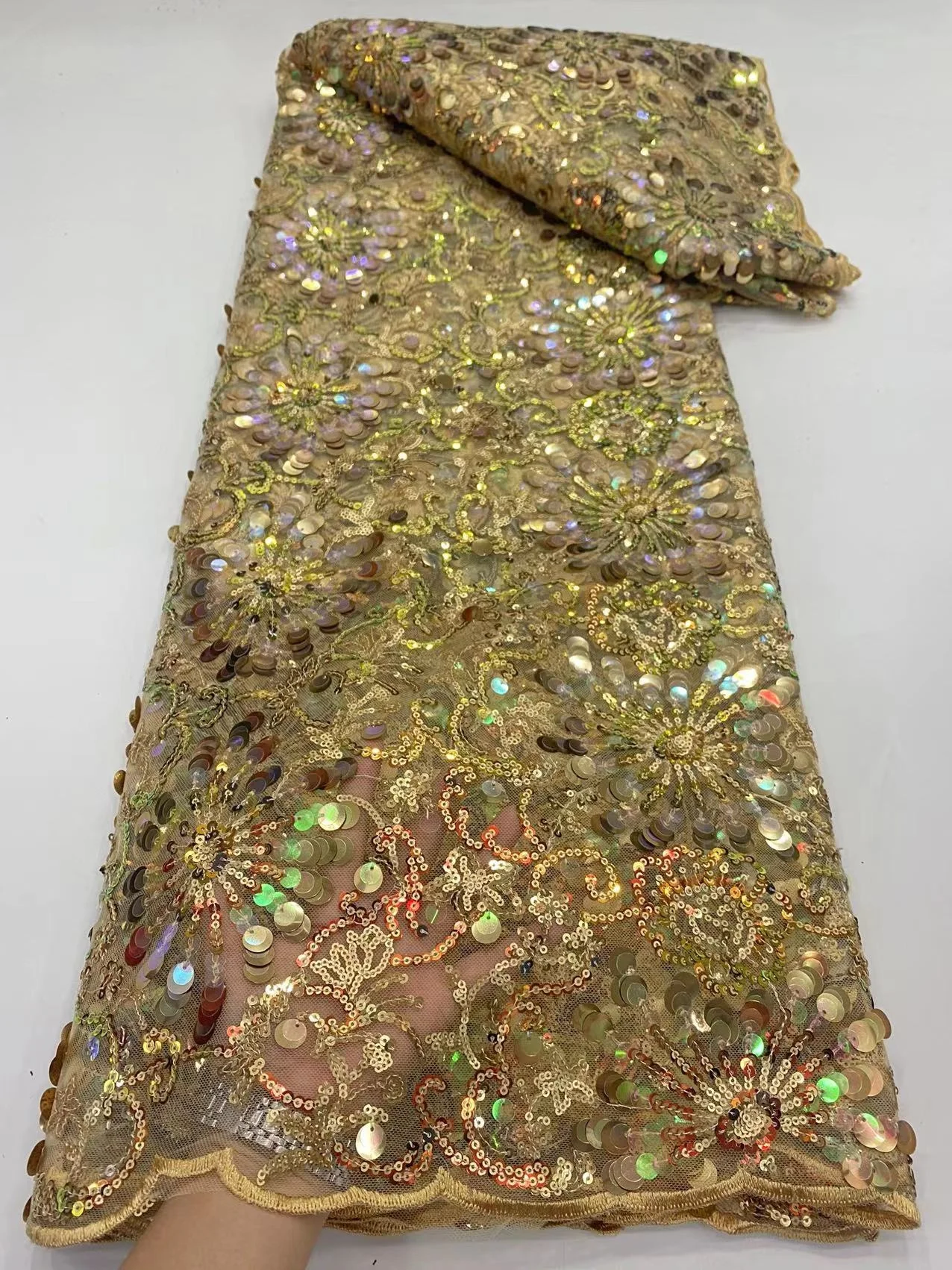 

Gold Sequins Corded French Tulle African Lace Fabric 5 Yards High Quality Nigerian Wedding Bridal Lace Material