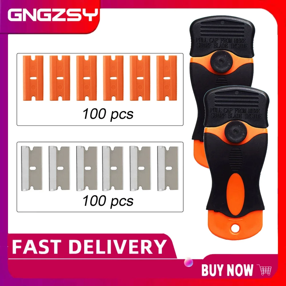 2PCS Car Sticker Film Glue Removal Razor Scraper 200PCS 1.5 Blades Window Tint Ceramic Glass Oven Household Cleaning Tool K102