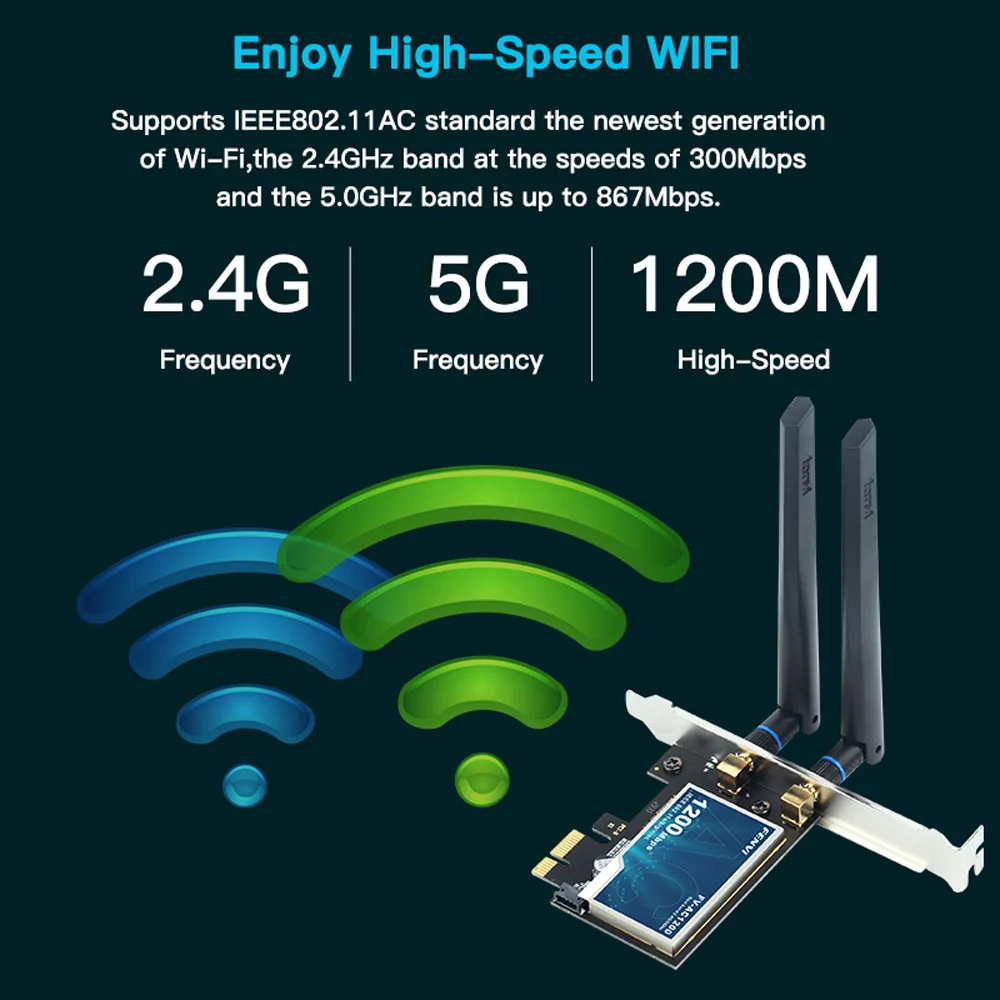 Wi-Fi, BT4.2, 1200Mbps, Dual Band, 802.11AC, Windows 7, 8, 10, 11, Desktop, PC