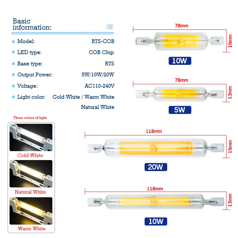LED R7s COB 유리관, Lampada LED 램프, 옥수수 전구, 가정용 할로겐 램프 교체, 5W, 10W, 20W, 78mm, 118mm, J78, J118, AC 220V, 110V