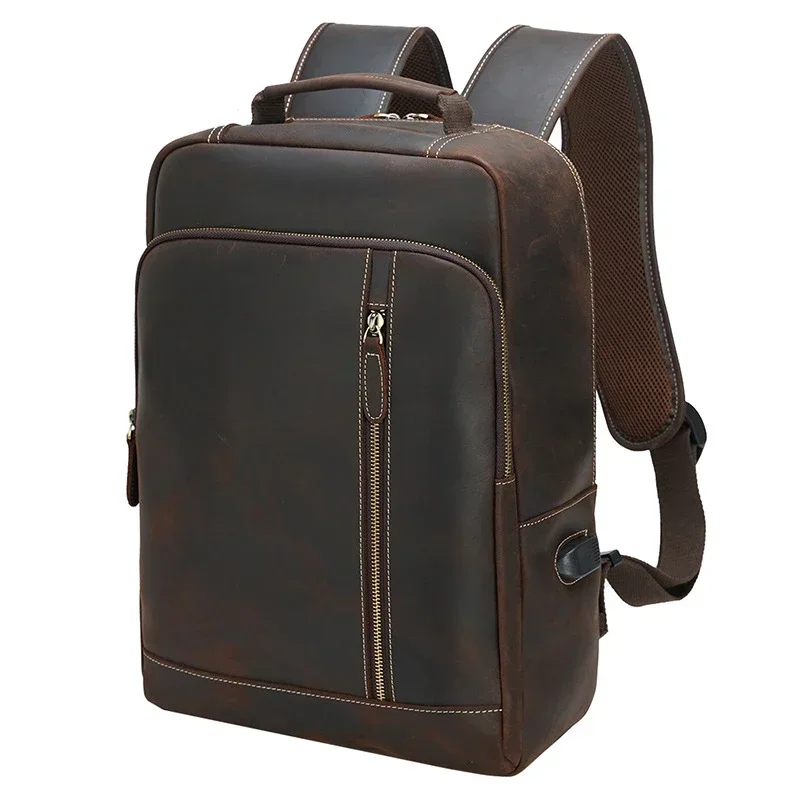 Genuine Leather Laptop Backpack for Men with USB Connector