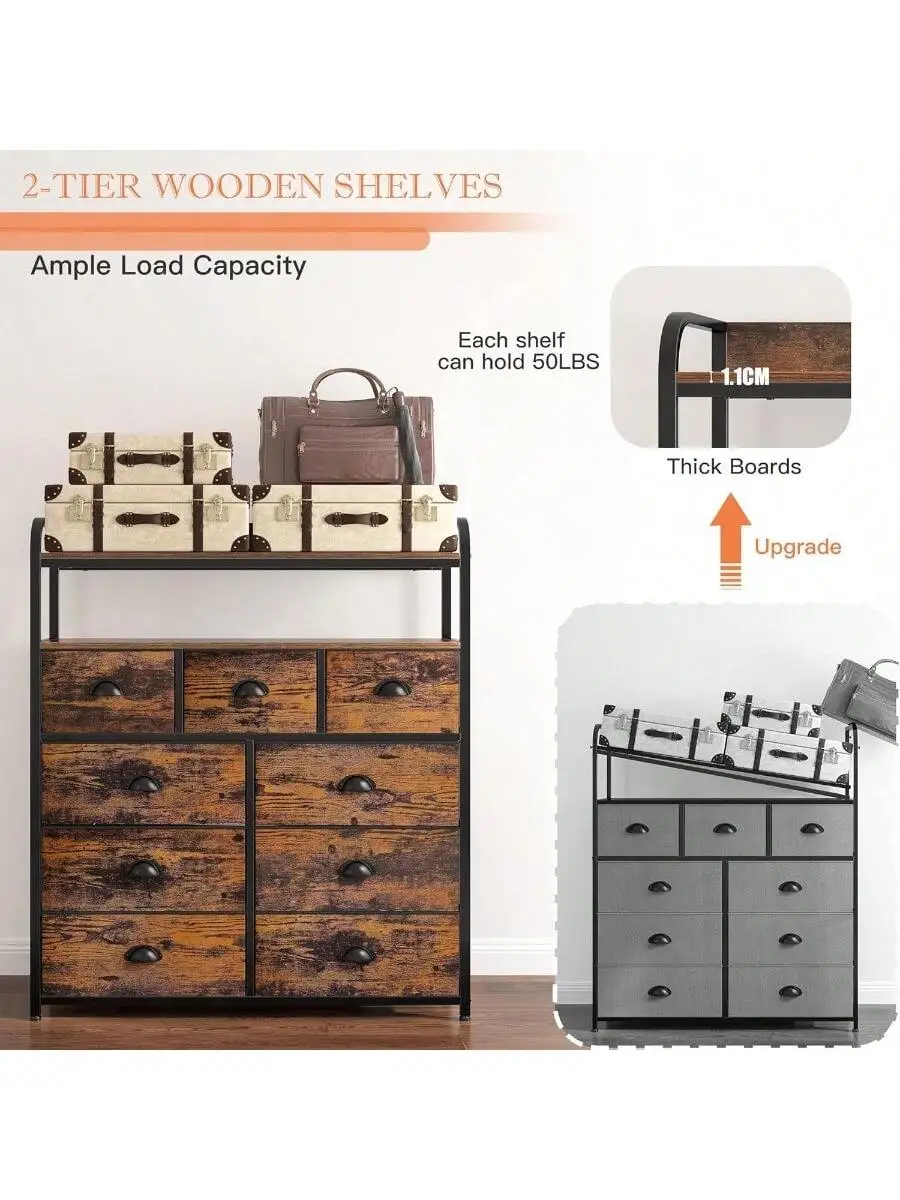 EnHomee Dresser with 9 Drawer TV Stand Dresser for Bedroom with 2 Shelves Fabric Dressers and Chest of Drawers with Wood 4