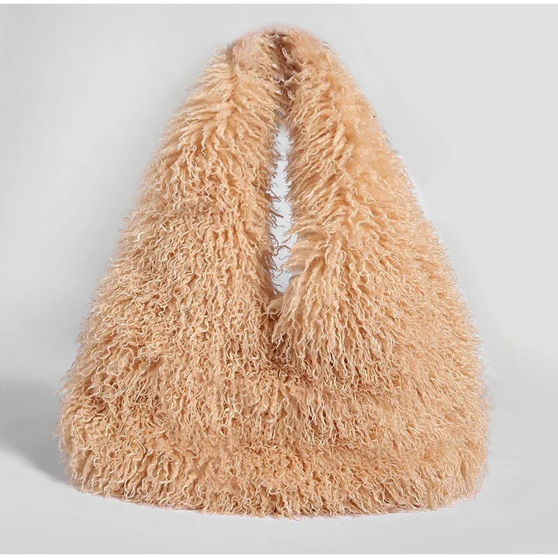 Borsa a Tracolla in Peluche Lungo Stile Europeo-Americano, Grande Capacità, Finta Lana, Forma Triangolare, Borsa Casual Monocolore alla Moda - immagine 6