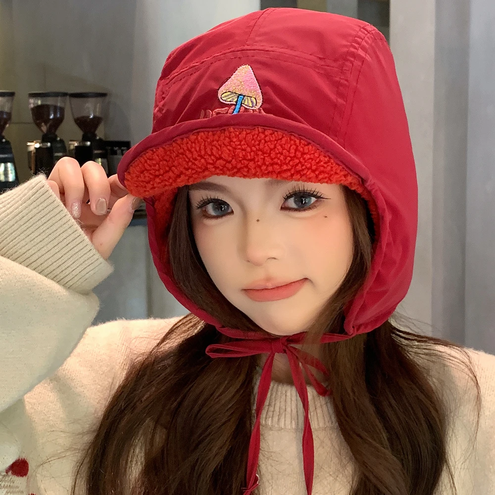 New Pilot Style Hat Fashioh Winter Cap Mushroom Embroidery Warm Bomber Hat Caps For Women Solid Color Girl Hats