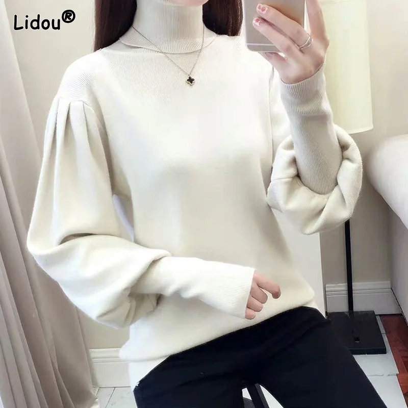 

Bright Colors Korean Turtleneck Autumn Winter Women's Clothing Lantern Sleeve Thick Knitting Pullovers High Strecth Fashionable