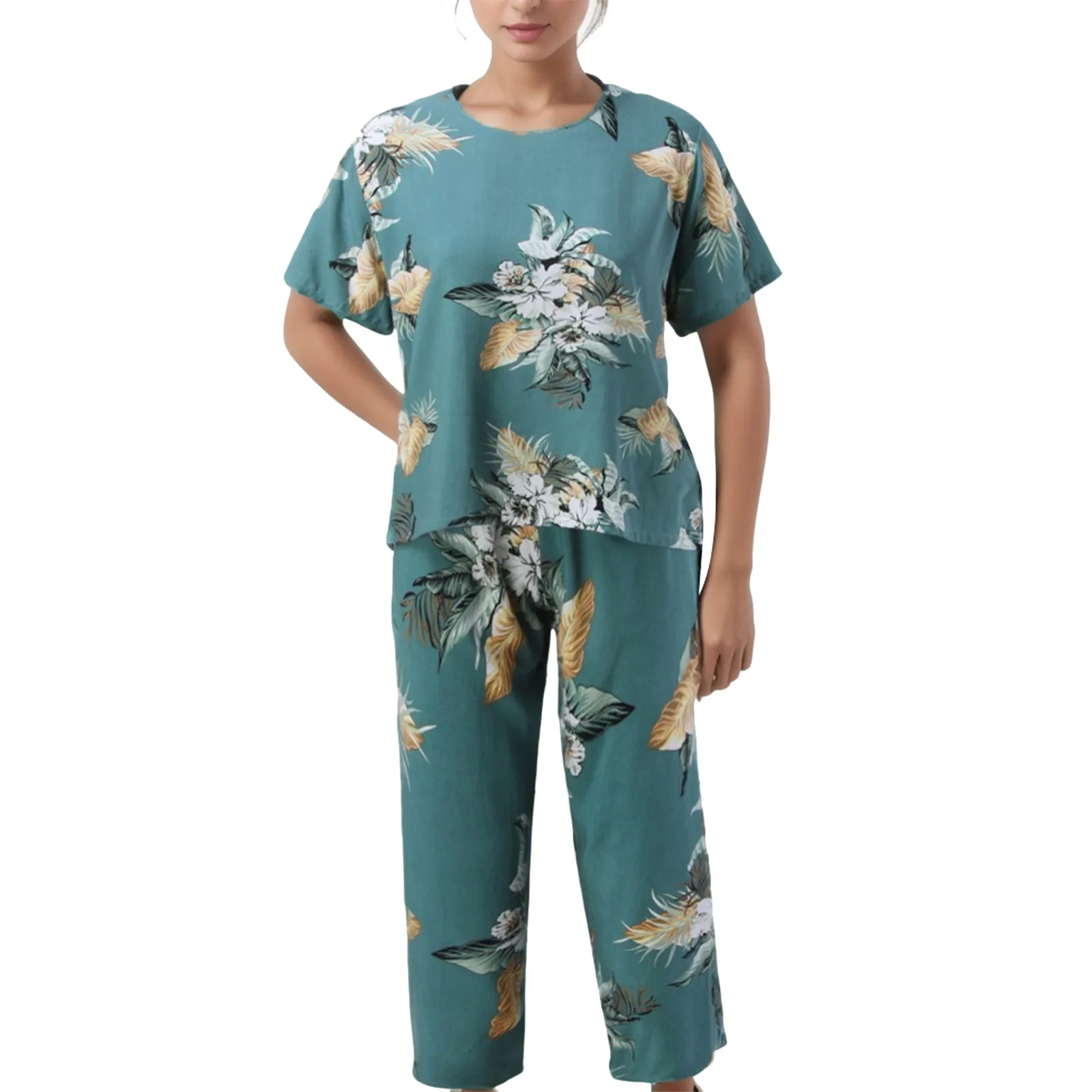 

Casual Large Size Cotton Floral Print Suit Ladies 2 Piece Pajamas Set Spring Summer Loose Casual Short Sleeve Tops With Pants