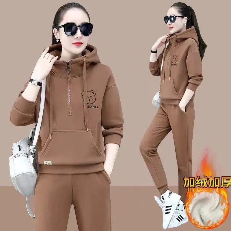 Autumn Winter Plus Velvet Thick Casual Tracksuit 2 Piece Set Women Outfits Korean Hooded Sweatshirt Pantsuit Jogging Sportswear