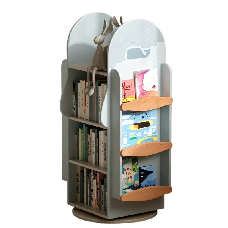 Children's solid wood rotating bookshelf 360 degree bookcase household vertical floor picture book shelf reading area