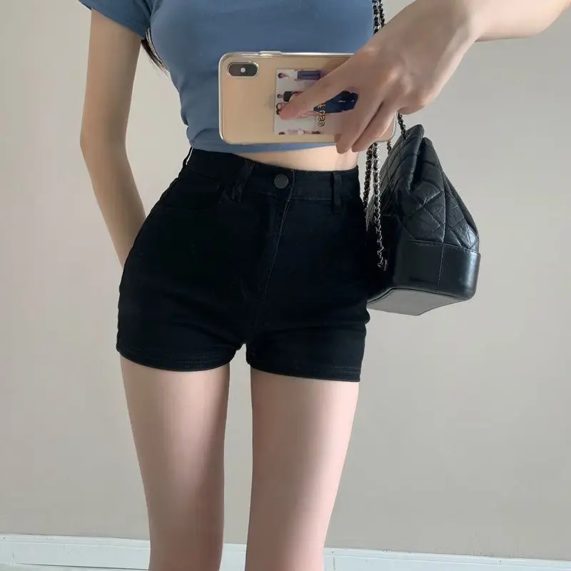 Elegant Fashion Harajuku Slim Fit Female Clothes Loose Casual All Match Sport Denim Shorts High Waist Button Straight Leg Shorts