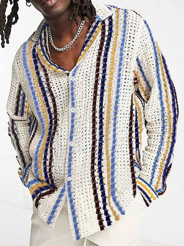 

2024 Spring Men's Knit Cardigan Streetwear New Fashion Striped Jacquard Knitting Jacket Men Vintage Button-up Knitted Coat Male