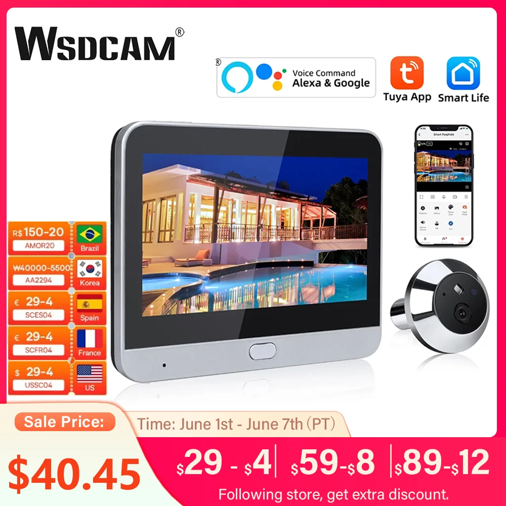 Wsdcam 120° Wide Angle Door Peephole Camera One Way intercom Video Eye Motion Detection Wifi Doorbell Camera 5000mAh Battery