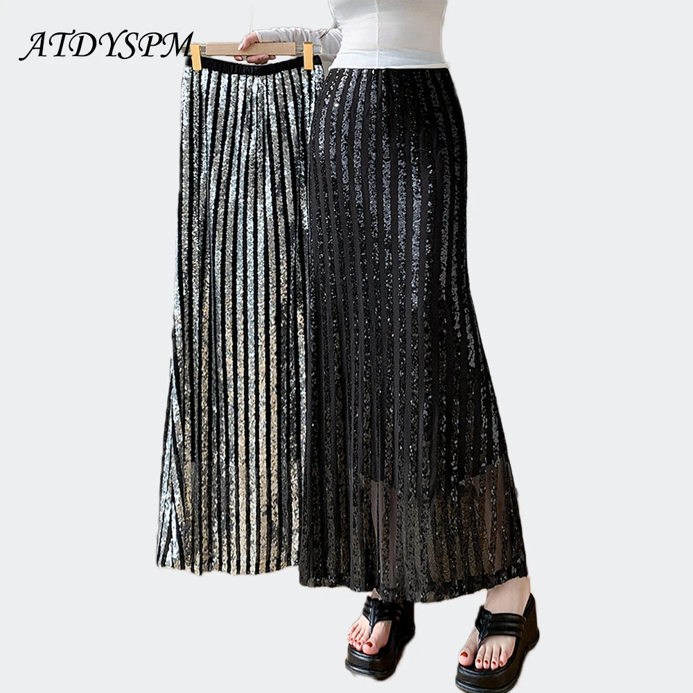 

Sequin Female Sexy Long Striped Skirt Spring Summer Fashion Chic Glitter High Waist Elegant Club Party Wrap Skirts Women