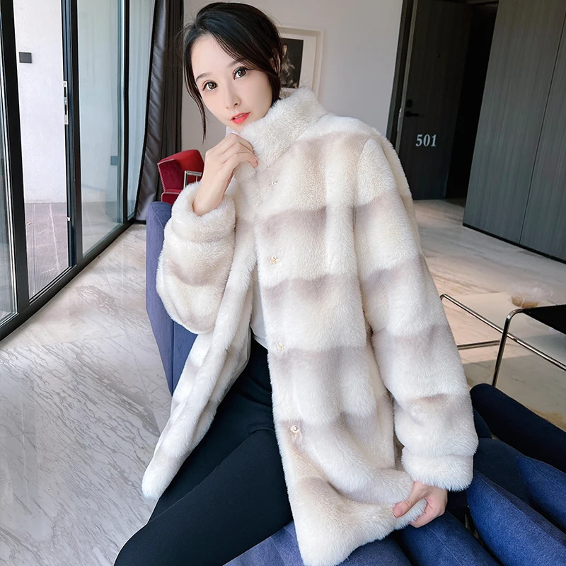 Faux Fur Coat with Stand Collar for Women Warm Fur Jacket Vintage Fluffy Overcoat Female Gradient Clothes Winter Coat 2023
