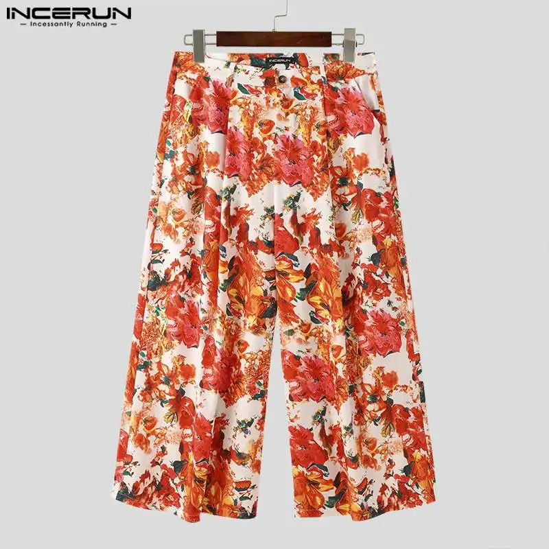 INCERUN-Pantalones largos de estilo americano para hombre, pantalón de cintura alta con estampado Floral, informal, de pierna ancha, S-5XL, 2024