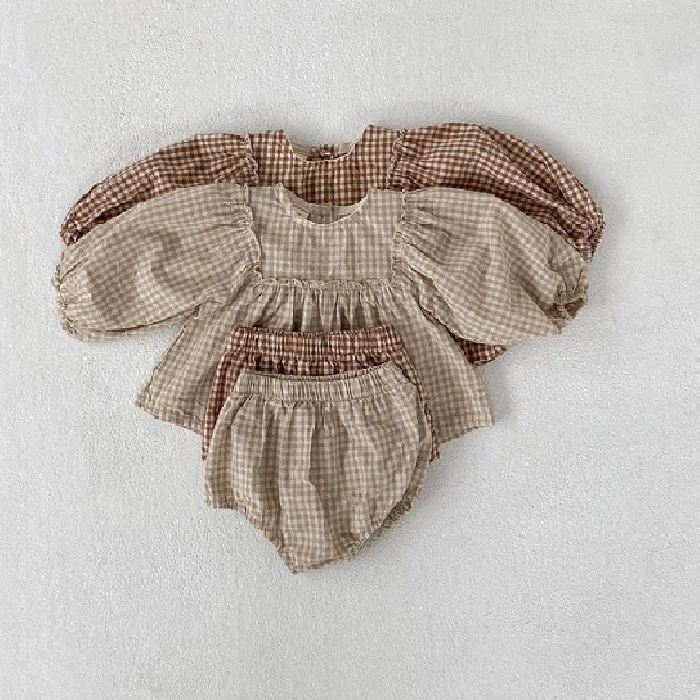 

Baby Girls Clothes Infant Girls Plaid Clothes Set Puff Sleeve Blouse+ Shorts Toddler Girls 2pcs Suit Spring Autumn Clothes