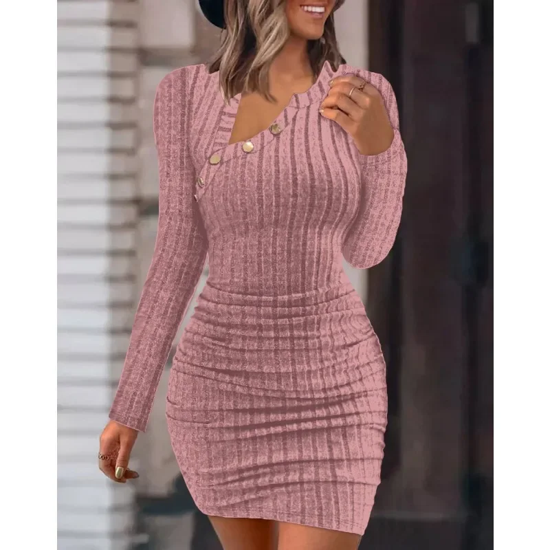 여성용 S-2XL 사이즈 통근 원피스, 대각선 목 긴팔 원피스, 슬림핏 랩 힙 원피스, 심플한 단색, 패셔너블한