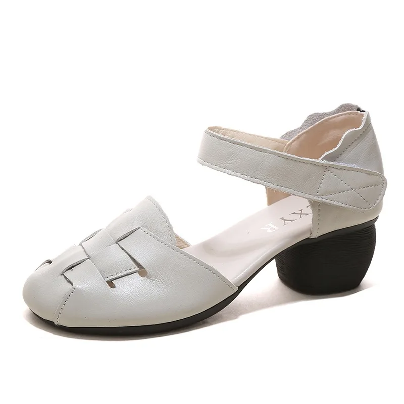 2024 New genuine leather sandals women summer closed toe roman shoes ladies hook loop ankle strap sandals round heels woman