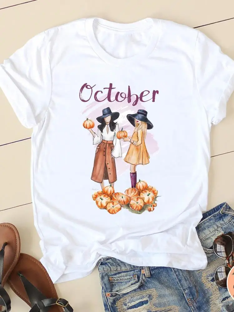 

Clothing Lady Fall Autumn Halloween Thanksgiving Women Lovely Season Pumpkin Trend Graphic Print Tee Ladies Female T T-shirts