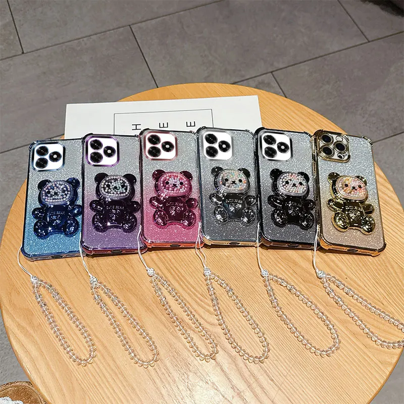 Stoßfeste Handyhülle mit 4 Ecken und niedlichem 3D-Bärenständer, Kristallketten-Lanyard für Honor X5c Plus X5b Plus X6c X6a X6b Rückseite – Detail 1