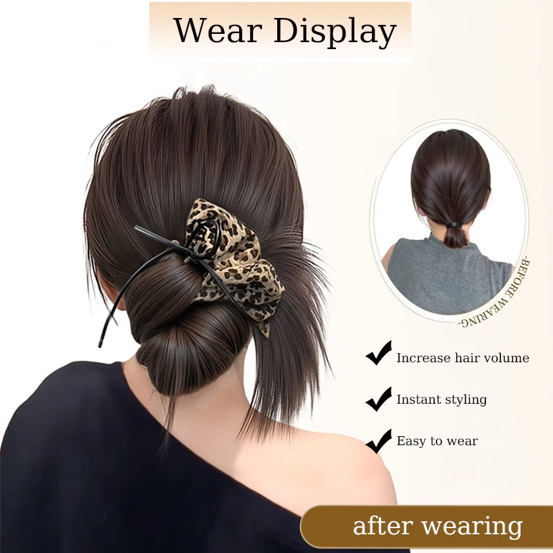 Sythetic Messy Hair Bun Claw Clip Hairpiece with Leopard Print Scrunchie Low Updo Hair Extensions Wig for Women Daily&Party Use
