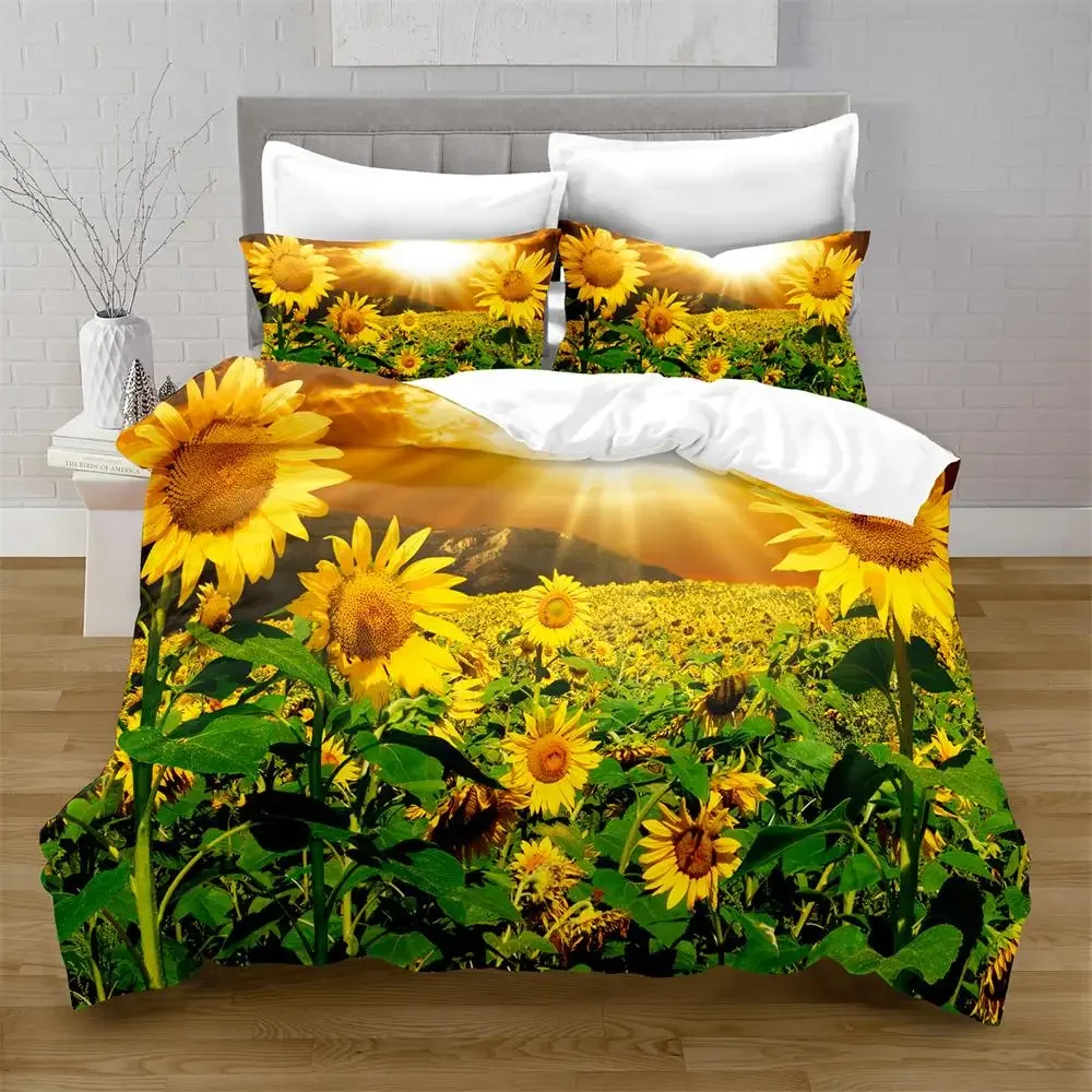 Sunflower Duvet Cover Set Yellow Flowers Lush Sunflowers In The Field Bedding Set Microfiber Botanical Floral Print Quilt Cover