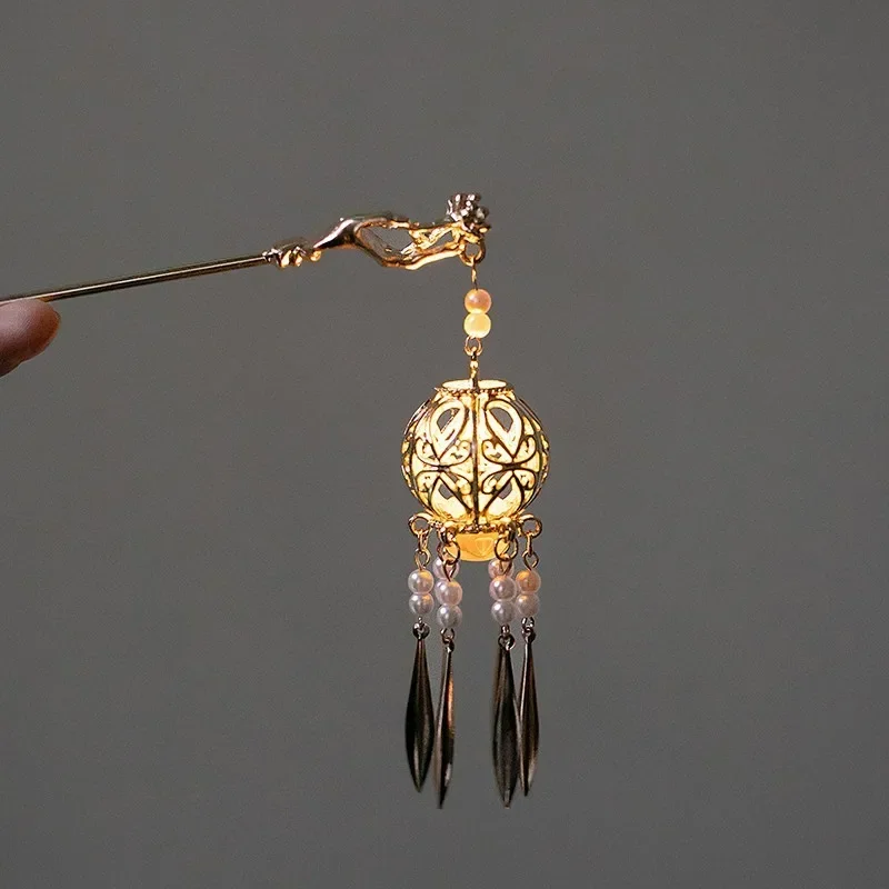 Chinese Lantern hair accessory Hair Pin Clips Hair Sticks LED Light Accessories for Women Kids Retro Lotus Flower Tassel Headpieces