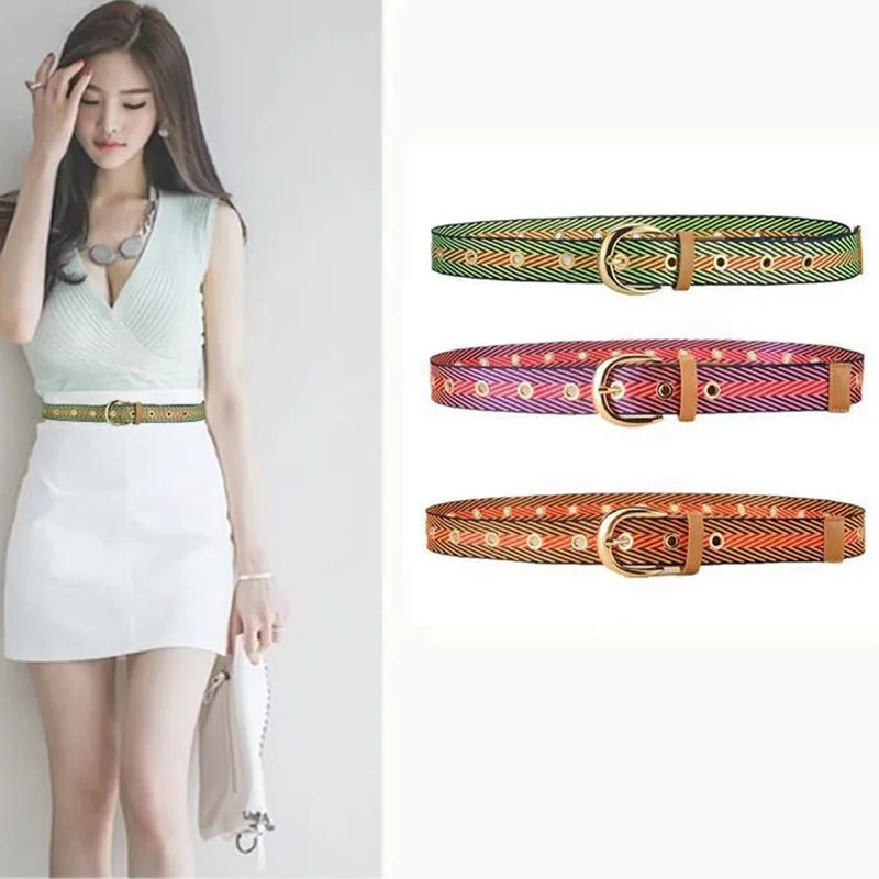 

New Canvas Woven Unisex Belt Striped Pin Buckle Teen Cummerbunds Trendy High-End Waindband With Jeans Skirt Fashion Trend Belt