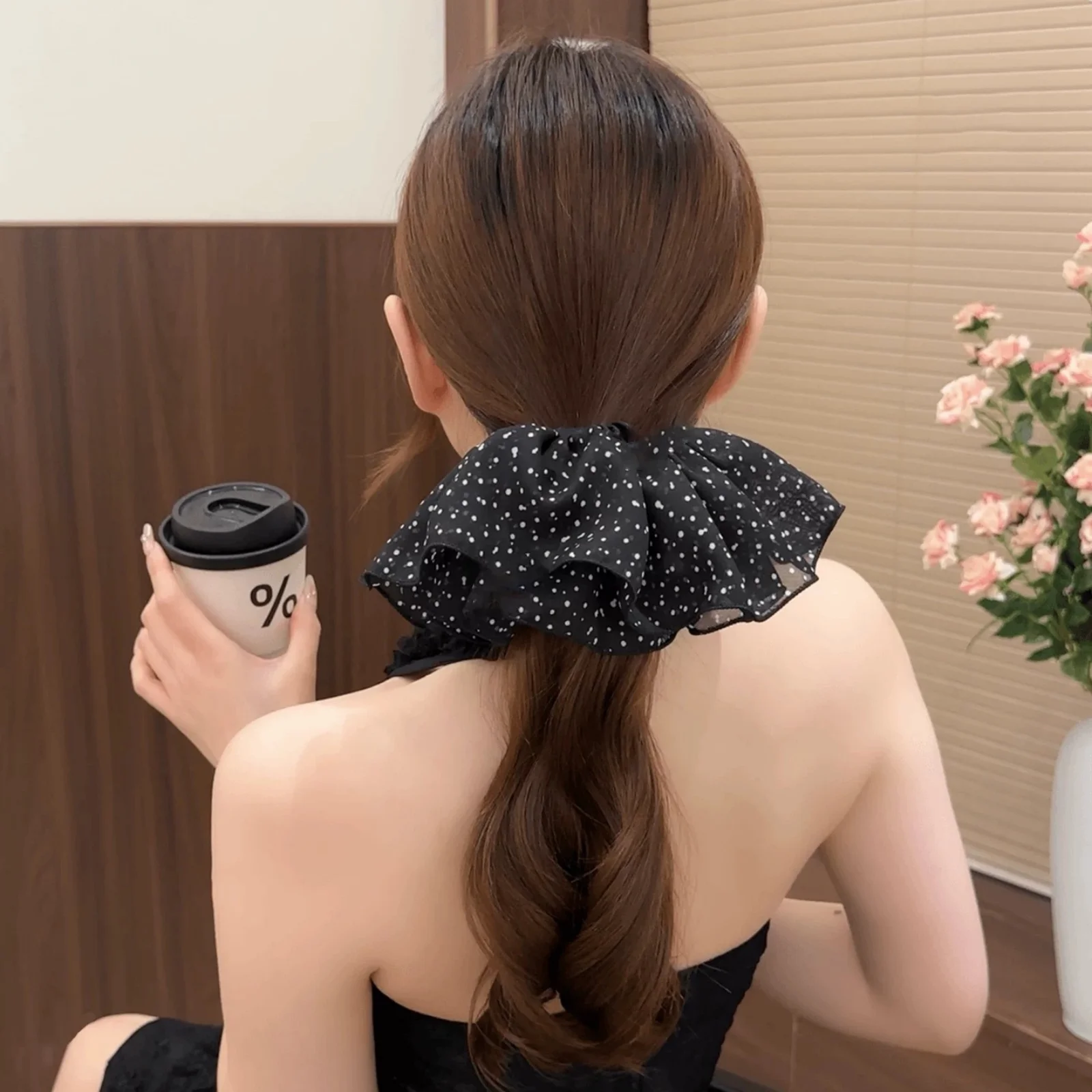 1PC Chiffon Polka Dot Hair Scrunchies, Fluffy Ruffle Hair Ties for Women, Cute Elastic Hair Bands, Fashion Hair Accessories
