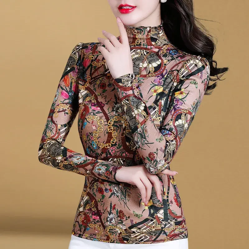 

Stylish Spliced Vintage Printed Pullovers Floral Chain Women's Clothing Long Sleeve Spring Autumn Slim Turtleneck T-shirt D274
