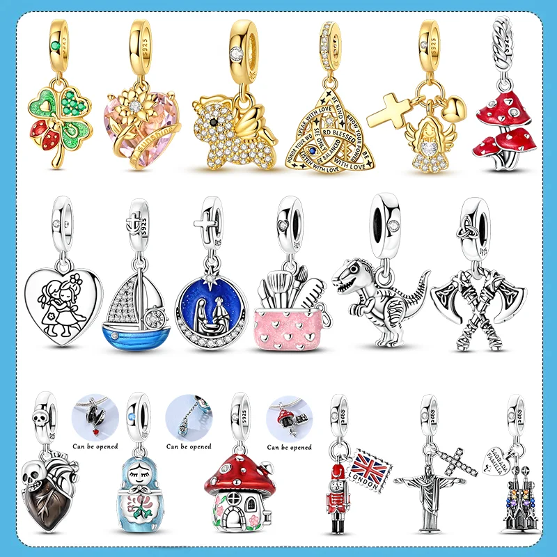 Charms aus 925 Sterling Silber mit Pferde-, Pilz-, Kreuz- und Herz-Motiven, Passend für Armbänder und Perlen, Feiner Damenschmuck, Geschenke