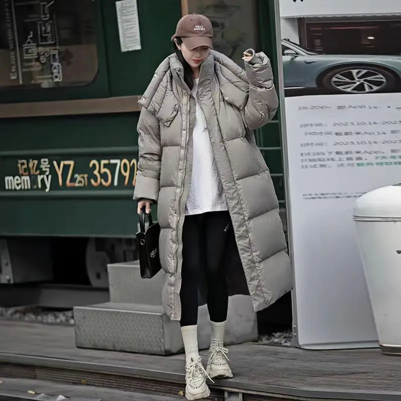 Standing Collar Down Jacket, Korean Version Extended Loose and Thick Warm White Duck Down Jacket, Women's W inter New 2024