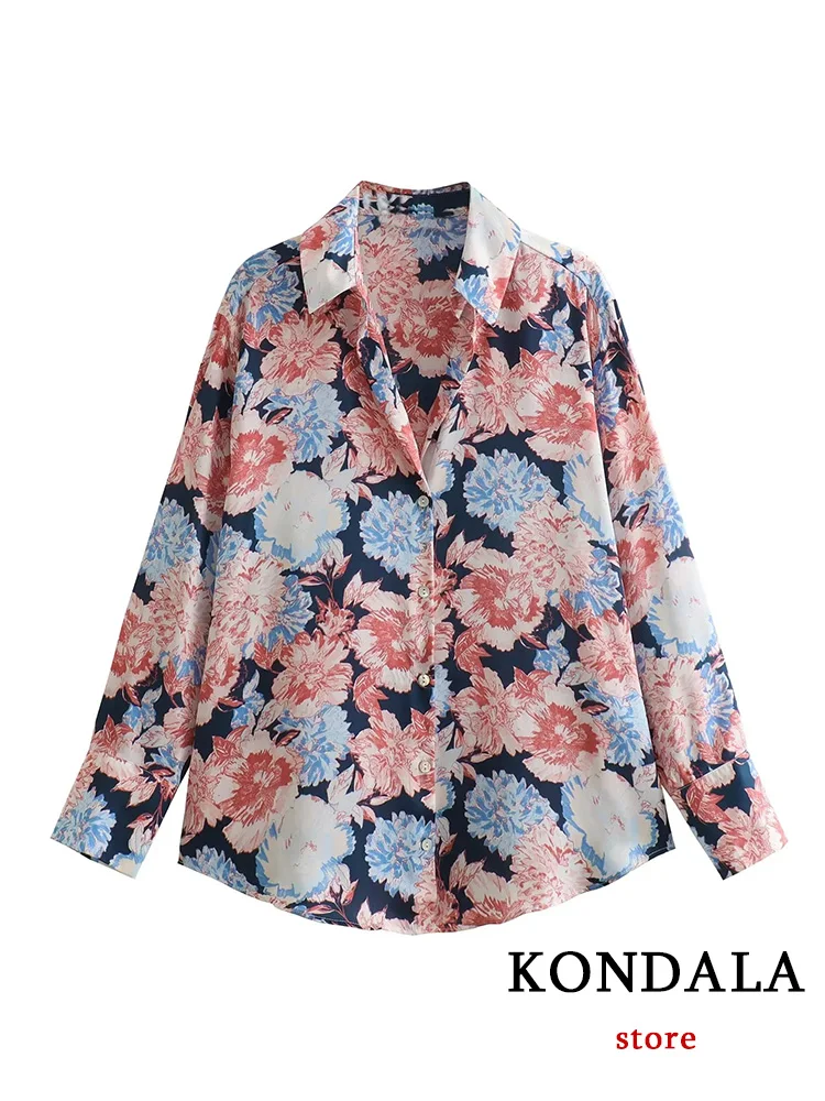 

KONDALA винтажная повседневная женская блузка с принтом с длинным рукавом отложным воротником однобортная Свободная блузка Модные осенние Рубашки 2023