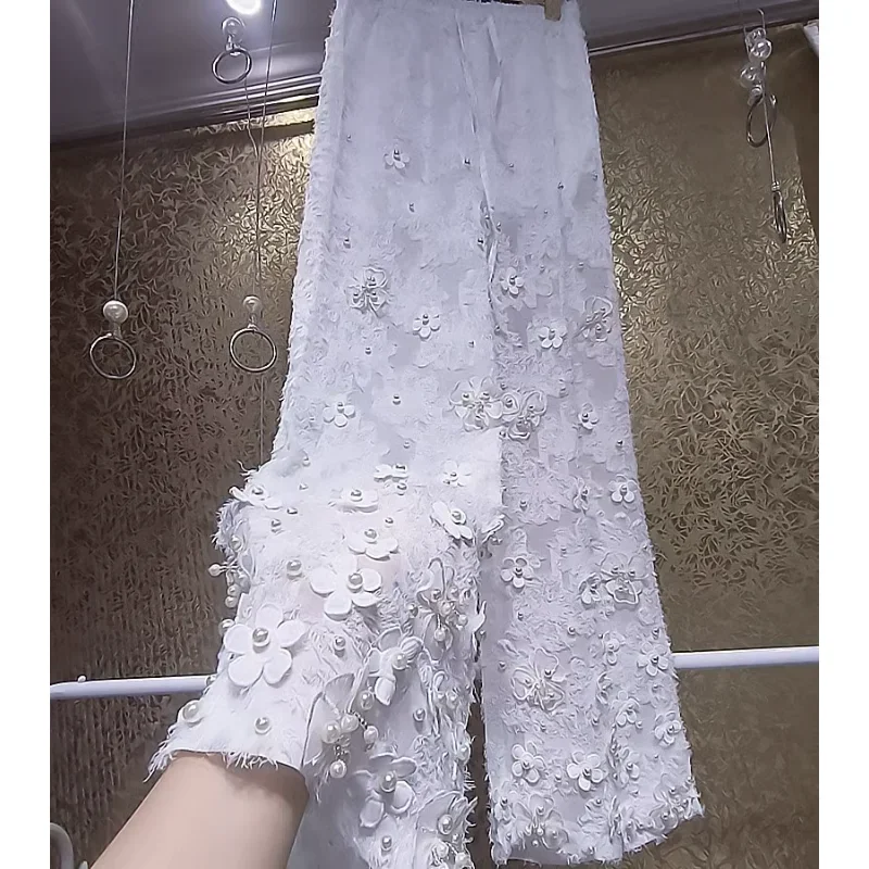 High-End Beautiful Sweet White Pants Lace Flower Petals Heavy Industry Beads Pearl Loose Wide-Leg Pants Spring Summer Trousers
