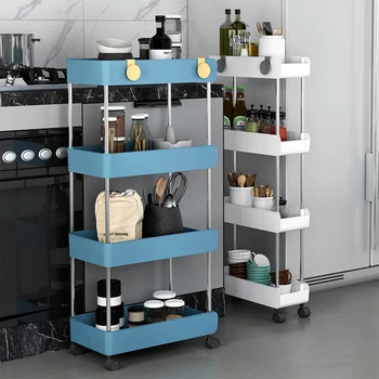 Carrello portaoggetti da cucina a 3/4 livelli Scaffale da terra con ganci 360 °   Carrello multiuso con ruota girevole per il bagno di casa