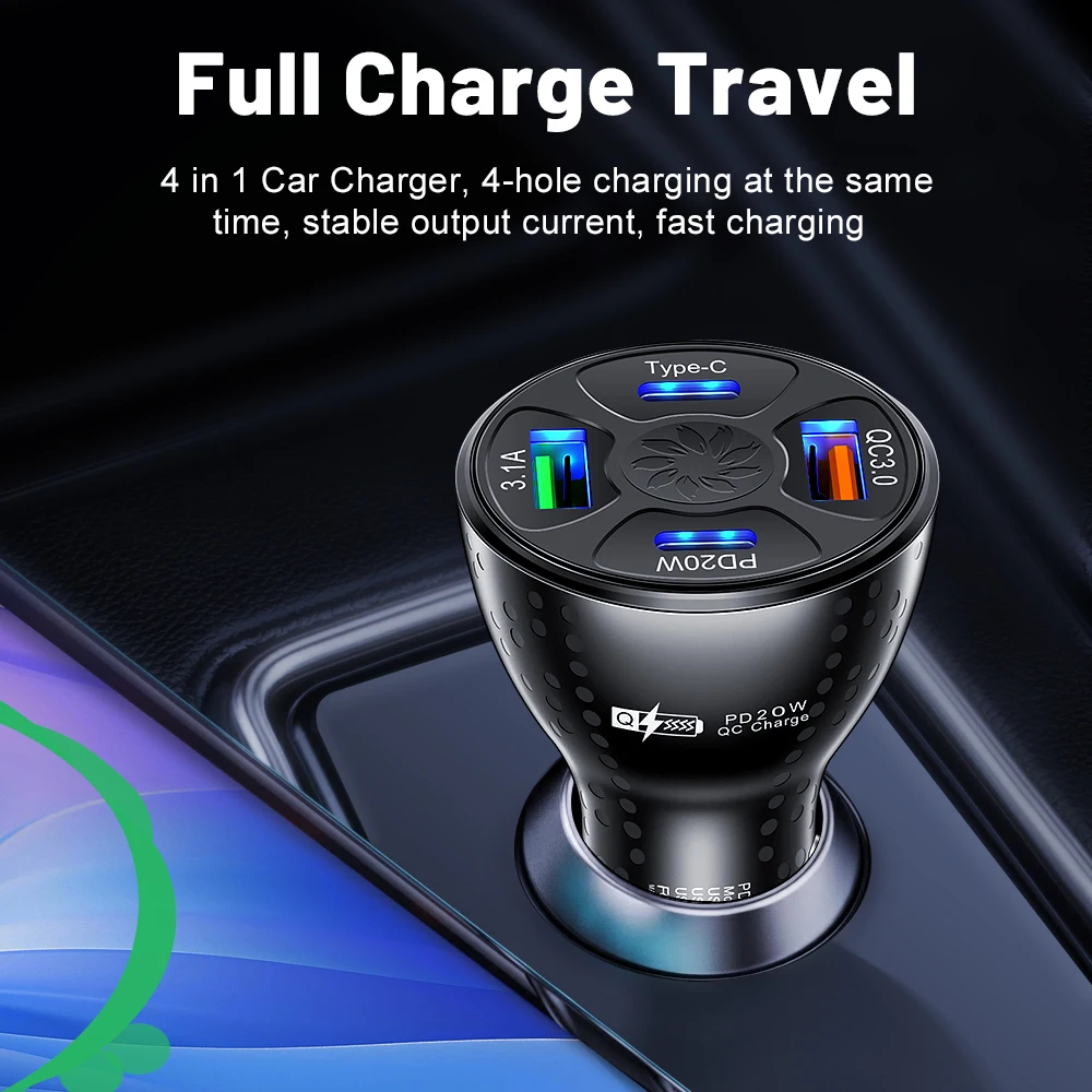 38W USB Car Charger Fast Charging 4 Ports PD Type C Car Phone Charger Adapter For iPhone Xiaomi Samsung Quick Charger In Car