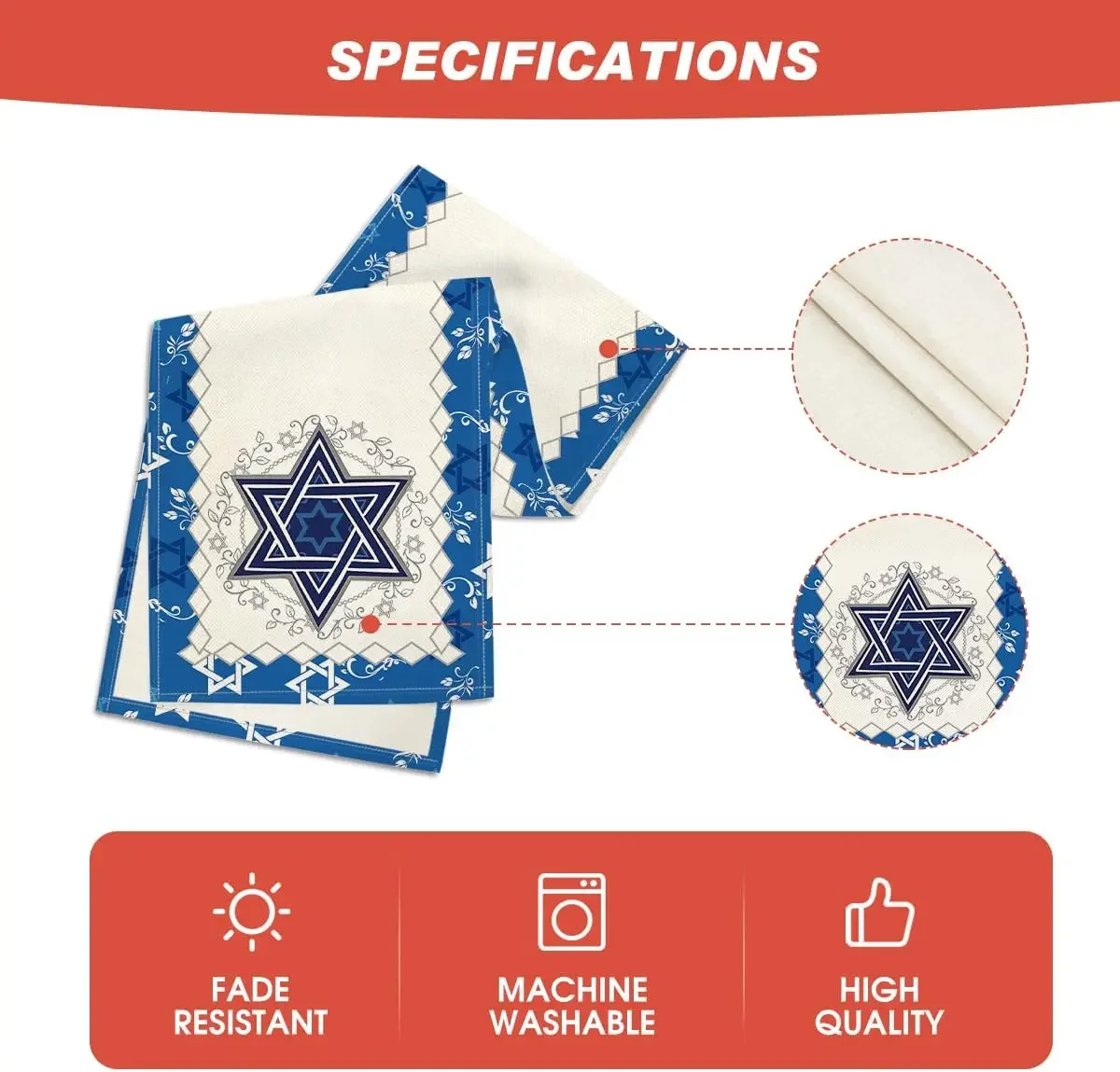 Passover Linen Table Runner – Star of David & Menorah Design 6