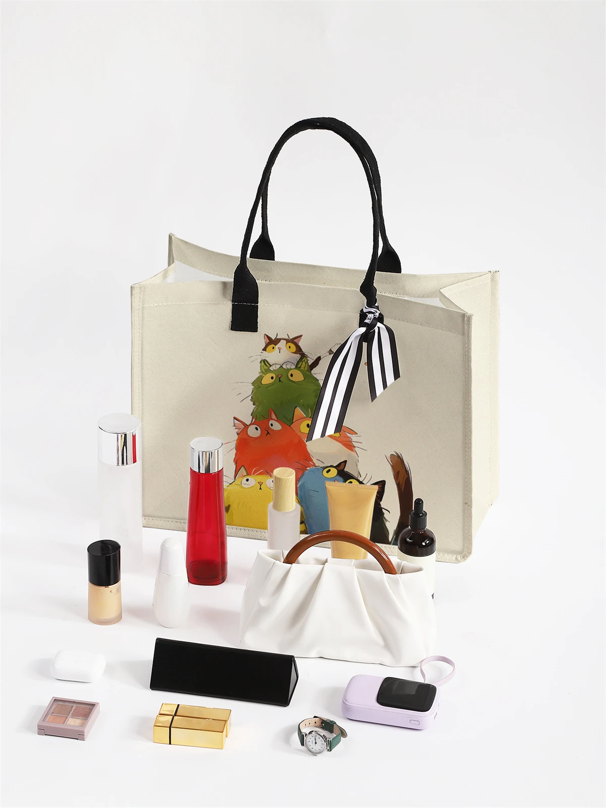 Cartoon cat pattern printed handbag, women's gift handbag, beach bag, suitable for large capacity handbags for men and women