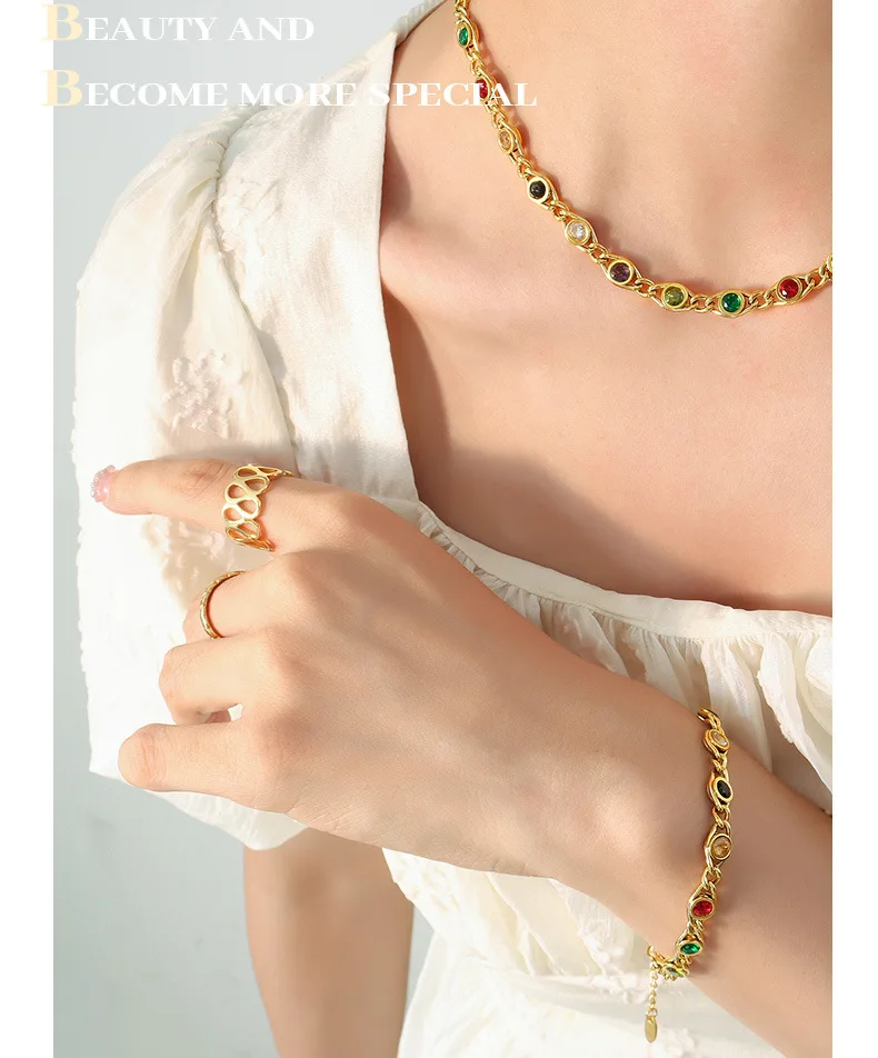 Fashion Colorful Zircon Necklace Bracelet Fashion Niche Fish Eye Stitch Chain Jewelry Set Accessories