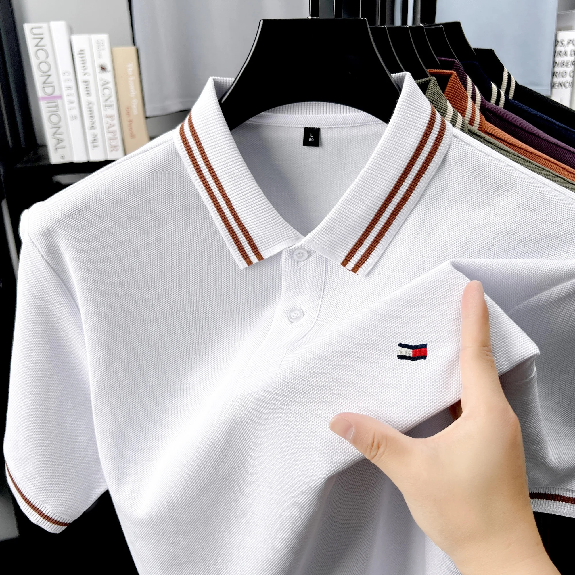 100% pure cotton summer men's original custom embroidered short sleeve fashion striped collar polo shirt breathable T-shirt top 13 S23cf08ebf8204a74aa40f01c41682f95a